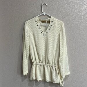 Valerie Stevens Vintage Cream Blouse Side Tie Waist Jeweled Neckline Women’s S